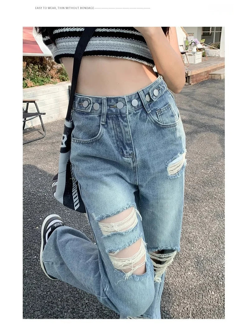 Trendy Ripped Straight Leg Jeans Women's Spring Summer High Waist Loose Wide Leg Pants Slimming Design Casual Denim Jeans