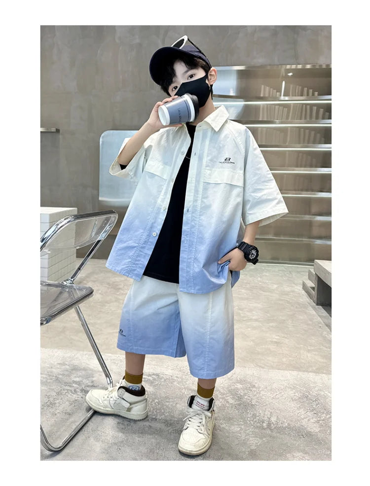Fashion Kids Clothing Set Shirt Shorts Summer Suit for Teenage Boy Loose Casual Gradient Color Clothes Set Child Luxury Outfit