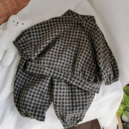 Kid Girls Korean Style Cotton Linen Suits Spring Autumn 2026 New Summer Baby Girl Fashion Casual Plaid 7-point Sleeve 2pcs Sets