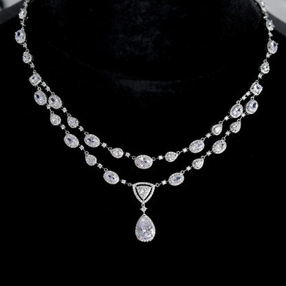 White Transparent Two-layer Water Drop 2PCS Crystal Necklace and Earring Zircon Jewelry Sets Wedding Party Bridal Accessories