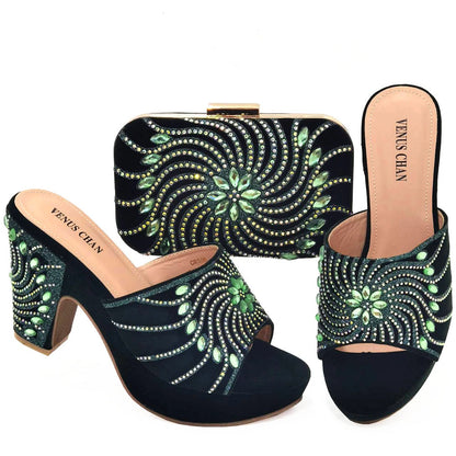 2023 The Latest Italian Design Rotary Rhine-Diamond Floral Thick Heel Platform Women's Comfortable Shoes Bag and Shoe Set