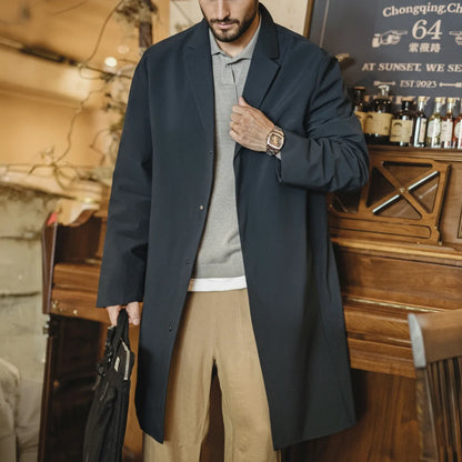 Men's Vintage Commuter Trench Coat Mid-Length Water-Repellent Overcoat Blue Lapel Back Vent Windbreak for Spring Fall