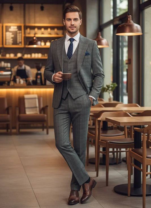 High Quality Khaki Plaid Suit Formal Business Office Men's Suits Fashionable and Casual Evening Gown