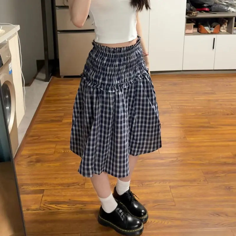Vintage Plaid Mini Skirt Women Harajuku Aesthetic Patchwork Knee Length Skirts Summer Korean High Waist A Line Faldas New