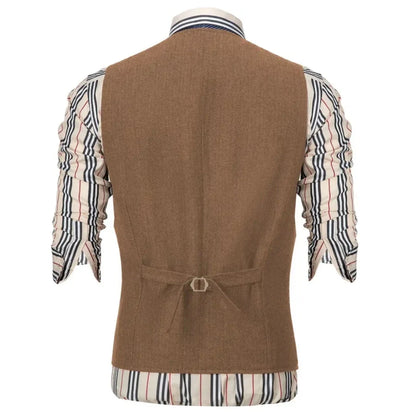 Men Vest Brown Herringbone Single Button With Pocket Waistcoat For Wedding Party Business Work Office Daily Casual Men Suit Vest