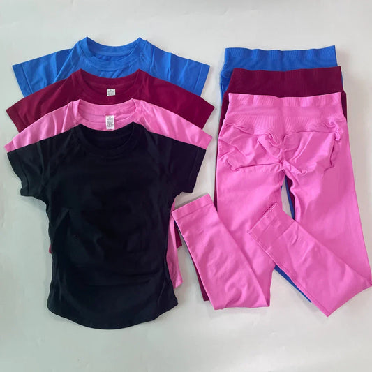 2 Piece Leggings Set Women Longline Short Sleeve Gym Crop Top High Waist Yoga Leggings Workout Sports Suit Fitness Clothes