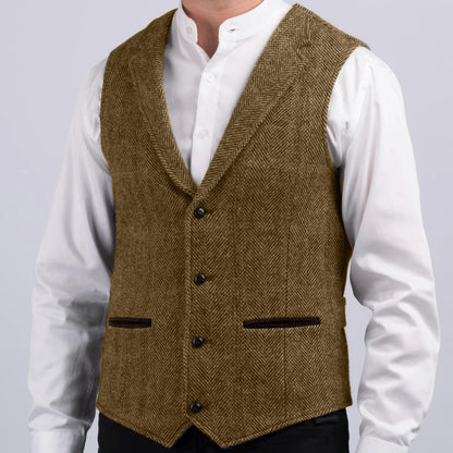 Men Vest Gray Herringbone With Lapel Pocket Single Button Waistcoat For Wedding Party Business Work Daily Casual Men Suit Vest
