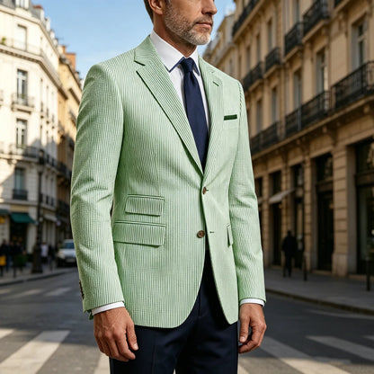 Men's Striped Seersucker Blazer Slim Fit Casual Suit Jacket Formal Business Coat Breathable Spring Summer Streetwear Outerwear