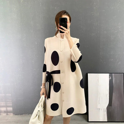Miyake Pleated Dot Printing Dress 2025 Autumn Single Breasted Plus Size Drawstring Elegant Streetwear Festival Women Clothing
