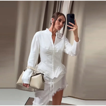 Elegant White Women's Long Sleeve Top Slim Fit Corset Bustier Shirt Casual Office Party Streetwear Y2K Fashion Outerwear 2026