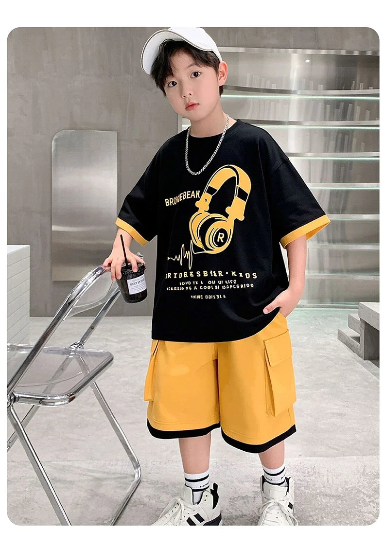 Fashion Stylish Kids Boys Top and Bottom Set Summer Tracksuit Streetwear Children New Trend Short Sleeve Clothes Suit Age 5-14 Y