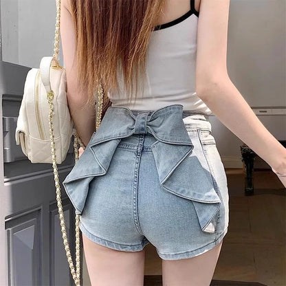Women's Sexy Denim Shorts  Y2K Petite High Waisted Hip Lifting Shorts with Personality 3D Bow Detail Slim Summer Hot Pants