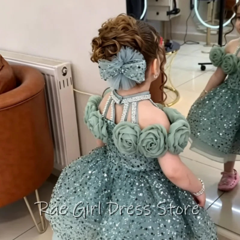 Green Tulle Flower Girl Dress Halter Cutout Back 3D Rose Decor A Line Mini Gown Confetti Sequin For Birthday Party Customized