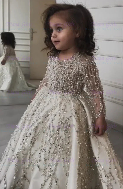 Gorgeous Pearl Sequins Quality Satin FLuffy Flower Girl Dress Exquisite Applique for Wedding Birthday Party Evening Ball Gowns