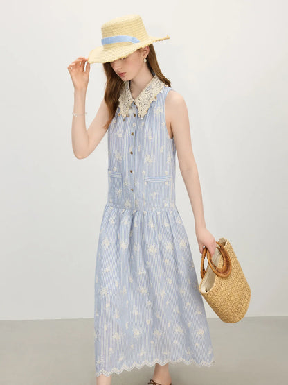 2025 Summer New Design - Women's Beach Style Casual Resort Dress with Premium Knit Blue Stripe Dresses 25FS12618