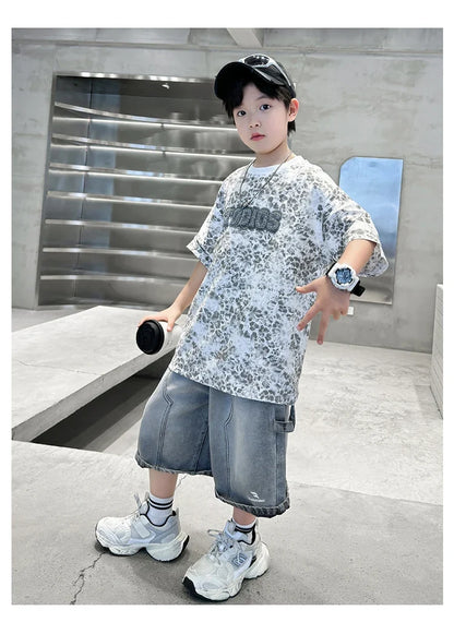 Baby Child Summer Cotton Suit With Shorts for Boy Leopard Print T-shirt + Denim Shorts Top and Bottom Clothes Set For Kids 2-14Y