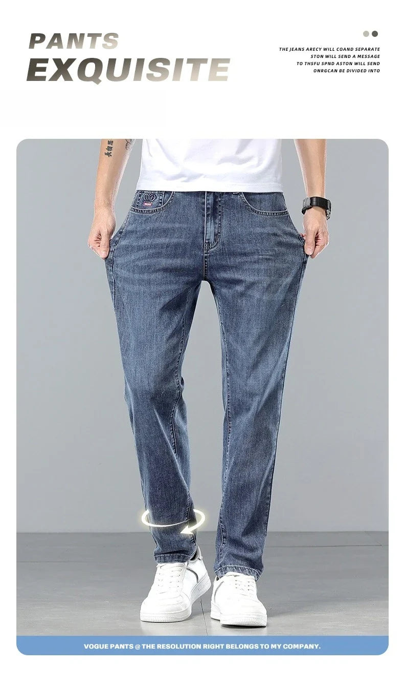  Brand Clothing Spring Summer Slim Men's Jeans Casual Breathable Cotton Fabric Stretch Denim Pants Blue Trousers Male Plus Size
