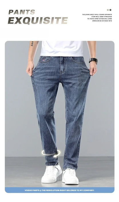  Brand Clothing Spring Summer Slim Men's Jeans Casual Breathable Cotton Fabric Stretch Denim Pants Blue Trousers Male Plus Size