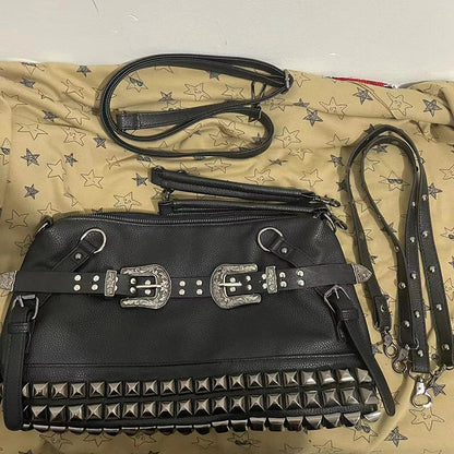 Spice Girl Carved Leather Buckle Bag Large Capacity PU Fashion Rivet Cool Handbags Oblique Straddle Portable Punk Tote Bags