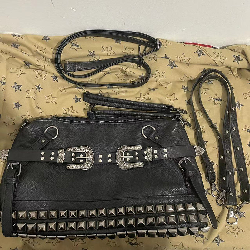 Spice Girl Carved Leather Buckle Bag Large Capacity PU Fashion Rivet Cool Handbags Oblique Straddle Portable Punk Tote Bags