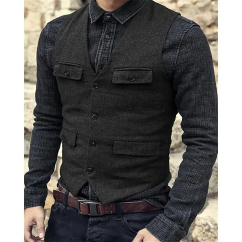 Men Vest V Neck Classic Steampunk Suit Wool Tweed Notch Lapel Thick Tweed For Wedding Groom Banquet Waistcoat