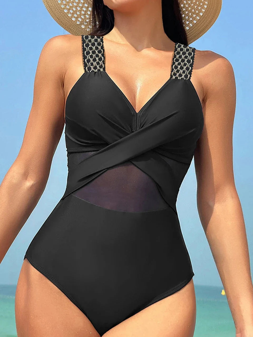 2026 Plain Ruched Mesh Swimsuit Women One Piece Ring Link Swimwear Female Sexy Bathing Swimming Suit Bodysuit Summer Beachwear