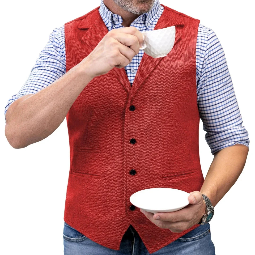 Men Vest Brown Herringbone Single Button With Lapel Waistcoat For Wedding Party Banquet Prom Business Work Casual Daily Men Vest