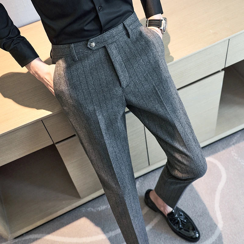 High Qualitys Wool Thickened Vertical Striped Men's Suit Pants Autumn Winter New Warm Fashion Business Casual Straight Trousers
