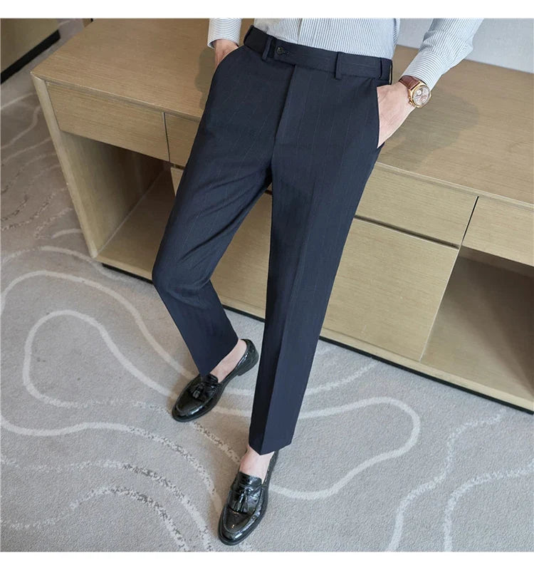 High Qualitys Wool Elastic Waist Striped Suit Pants Autumn Winter Thickening Men Business Slim Fit Social Casual Trousers Hommes