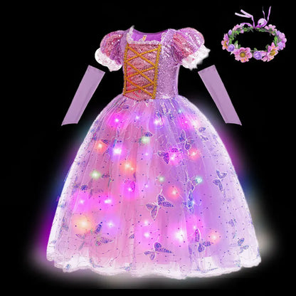 2026 Glowing Rapunzel Costume Girl LED Princess Ball Gown Christmas Light up Tangled Rapunzel Frock Toddler Girl Cosplay Dress