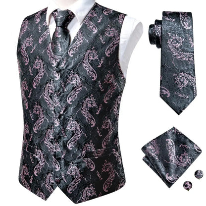 Luxury Mens Vests Black Gold Floral Jacquard Waistcoat Tie Hanky Cufflinks Brooch Set for Men Suit Wedding Office XL
