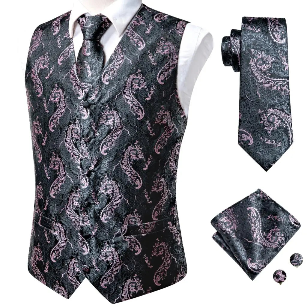 Navy Blue Mens Silk Vests Business Paisley V-Necl Waistcoat Tie Hanky Cufflinks Brooch Set for Men Suit Wedding Formal Hi-Tie