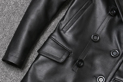 Genuine Leather Jacket Men's Top Layer Cowhide Jacket Mid-Length Men's Lapel Windbreaker Slim-Fit Jacket Double-Breasted