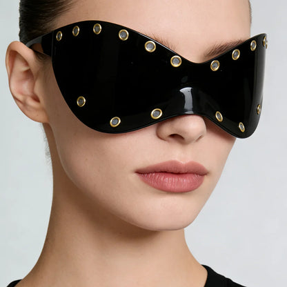 Unisex Y2K Punk Fashion Sunglasses - Futuristic One-Piece Goggles Metal Ring Rave sunglasses womenfor Rave & Cyber Party