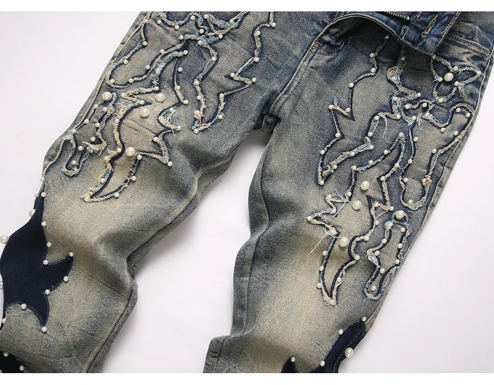 Men's Pearl Boot Cut Denim Jeans Embroidery Patch Slim Flared Pants Casual Streetwear Vintage Blue Trousers