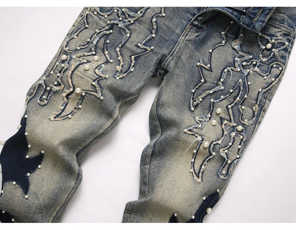 Men's Pearl Boot Cut Denim Jeans Embroidery Patch Slim Flared Pants Casual Streetwear Vintage Blue Trousers