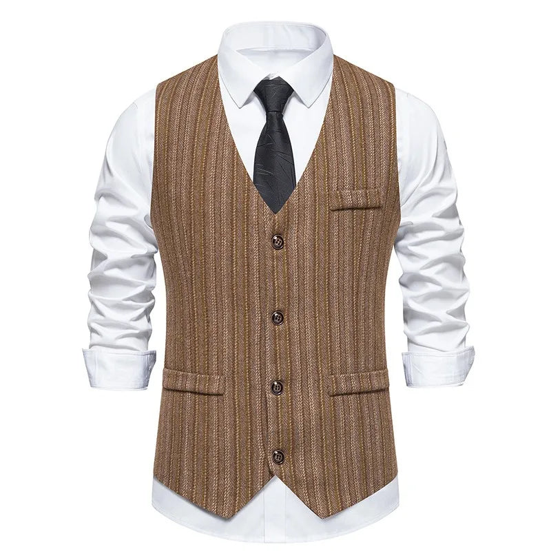 Men Waistcoat Autumn Vintage Striped Single-breasted Man Vest Slim Sleeveless Business Casual Versatile Male Suit Vest