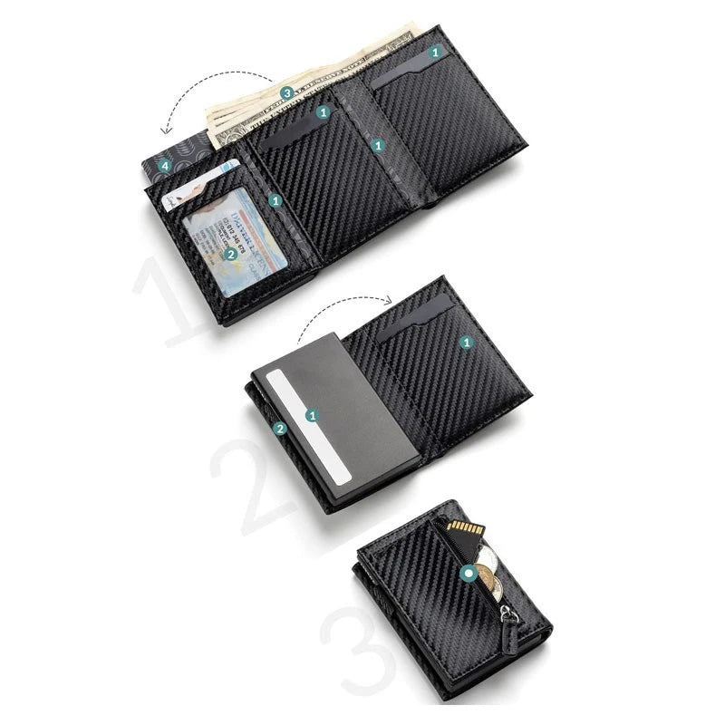 Carbon Fiber & Aluminum Men's Bifold Wallet, RFID Blocking Automatic Pop-Up Card Holder with Coin Compartments, Slim Money Purse