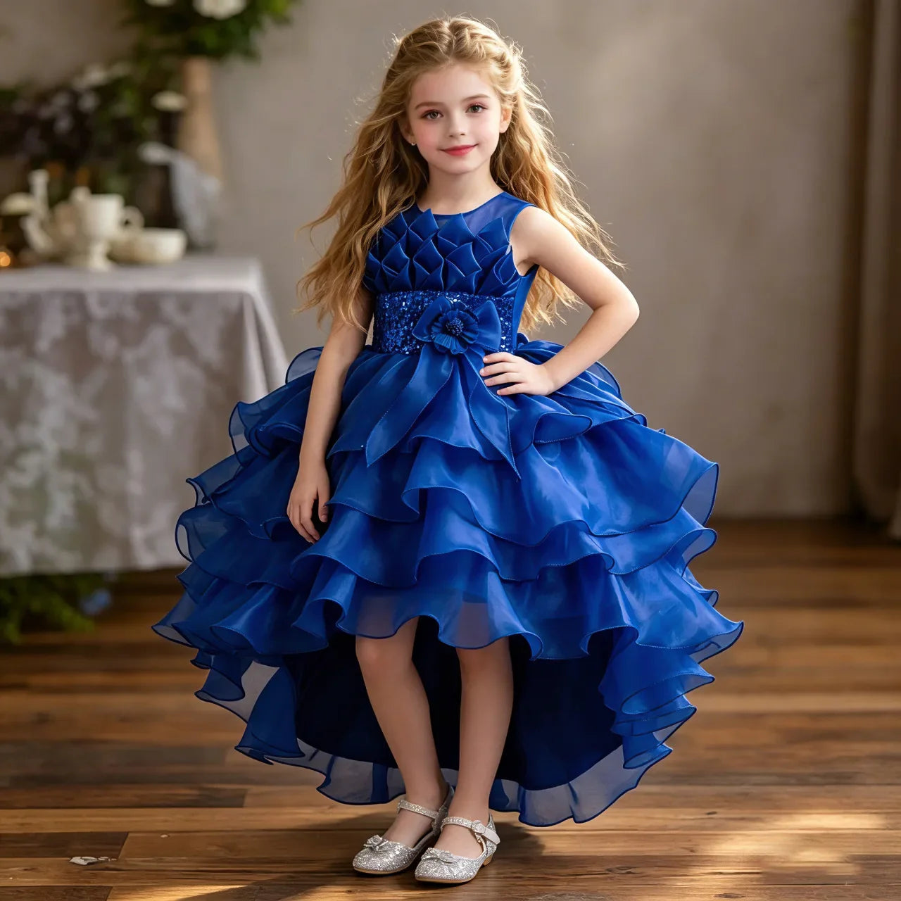 New Girls Elegant Princess Dress Embroidered Sequins Birthday Ball Evening Dress Party Fluffy Cake Dress 4-12 Years Old clothin