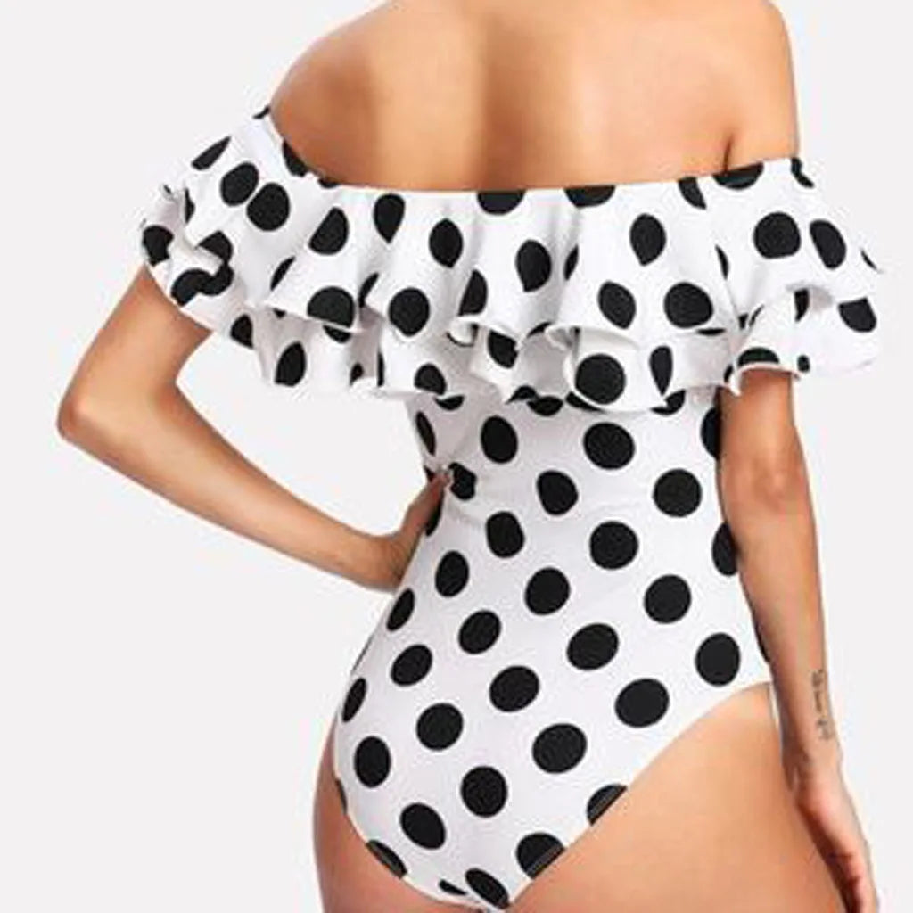 Black and White Polka Dot Ruffled One-Piece Swimsuits Sexy Push Up Bathing Suit Bodysuit Girl Beach Backless Swimwear Monokini