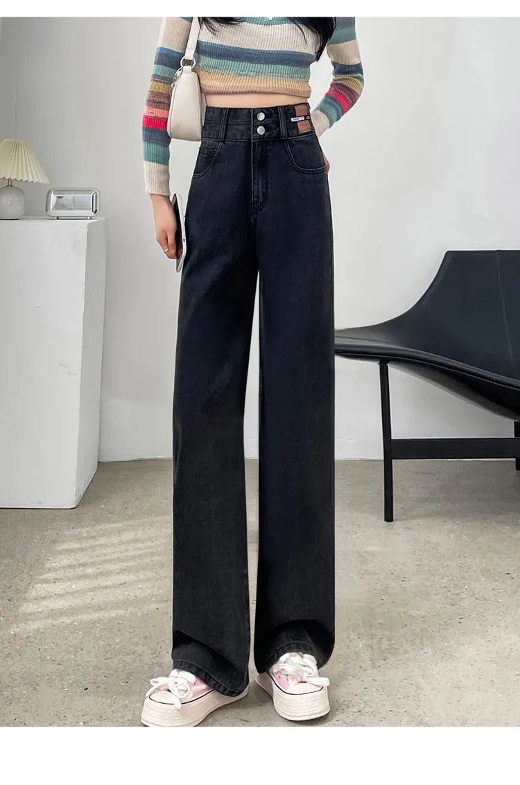 Slim Wide Leg Denim Jeans High Waist Double Bule Straight Cut Pants for Women Bla ey Autumn New Arrival Faionable Wea...