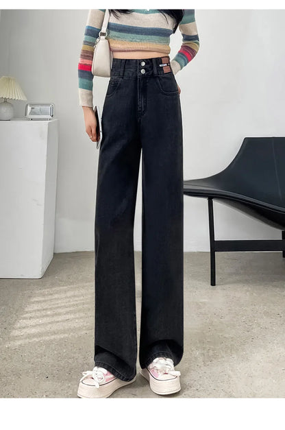 Slim Wide Leg Denim Jeans High Waist Double Bule Straight Cut Pants for Women Bla ey Autumn New Arrival Faionable Wea...