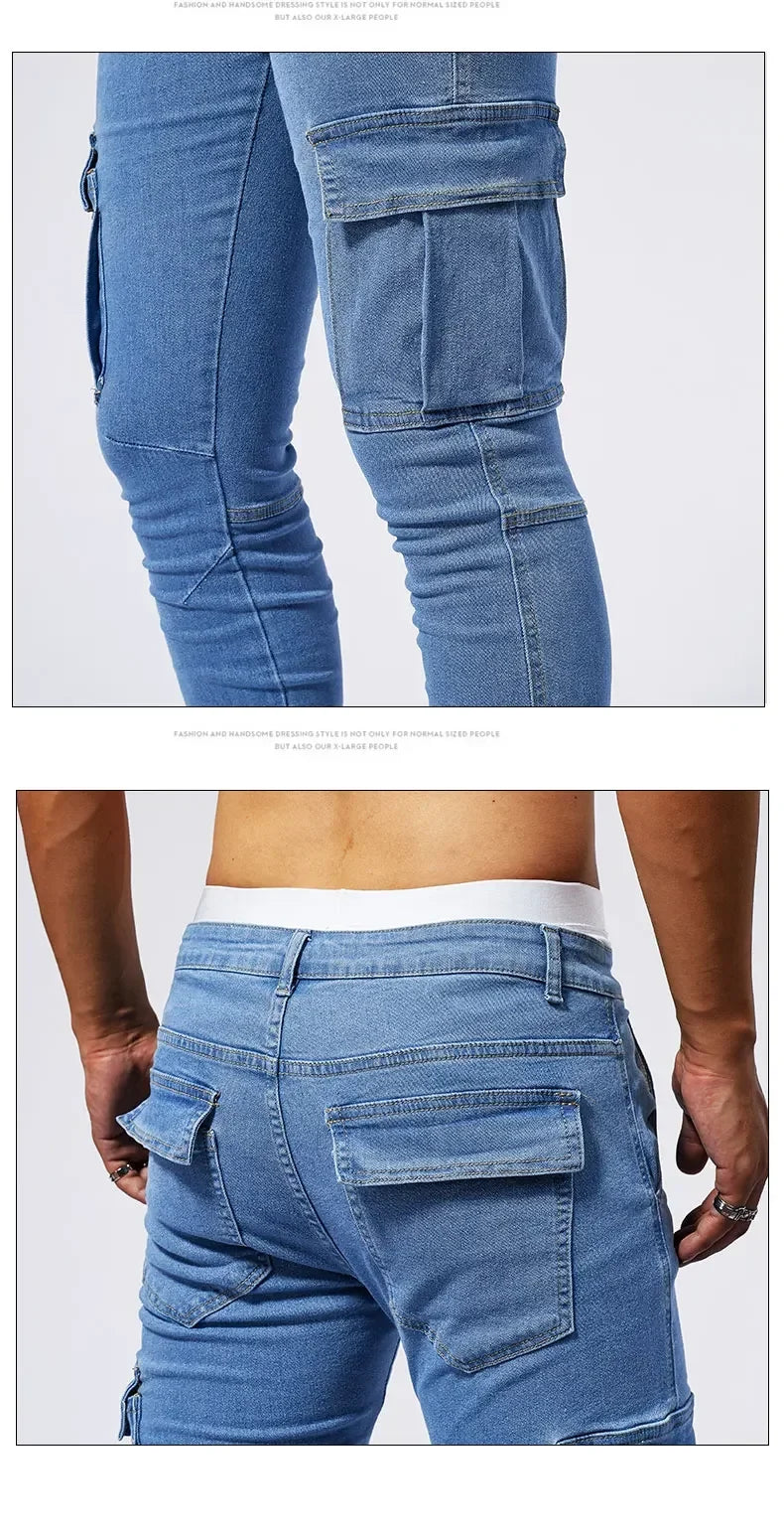 Slim Fit Large Pocket Jeans Cargo Pants for Men Fashionable Casual Hip Hop Stretch Denim Long Pants Male Streetwear Track Pants