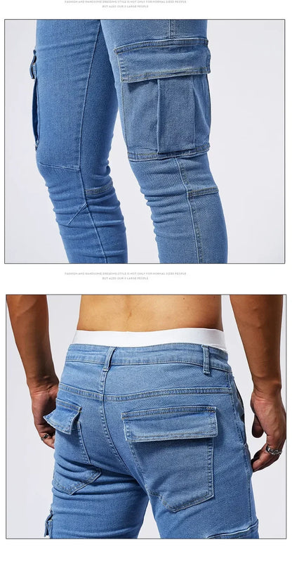 Slim Fit Large Pocket Jeans Cargo Pants for Men Fashionable Casual Hip Hop Stretch Denim Long Pants Male Streetwear Track Pants