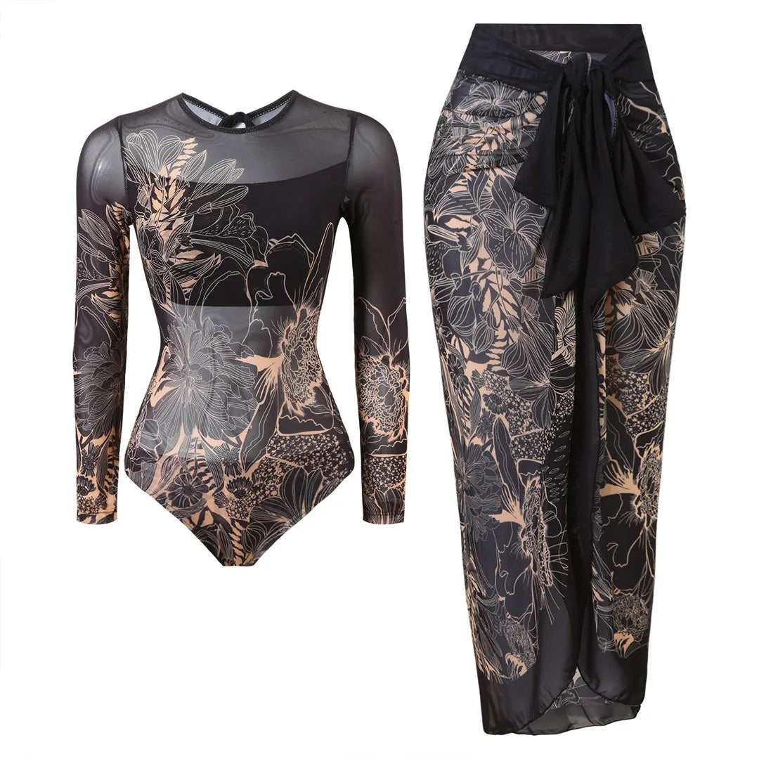 S - XXL Printed Long Sleeve With Sarong One Piece Swimsuit Women Swimwear Female Flowers Padded Bather Bathing Suit Swim V7181