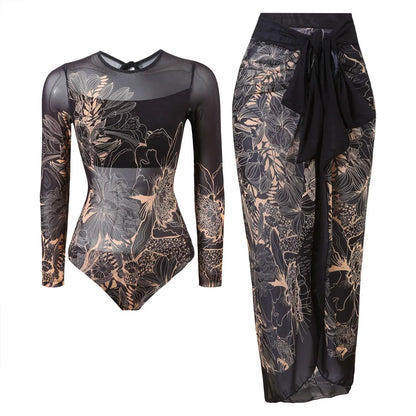S - XXL Printed Long Sleeve With Sarong One Piece Swimsuit Women Swimwear Female Flowers Padded Bather Bathing Suit Swim V7181