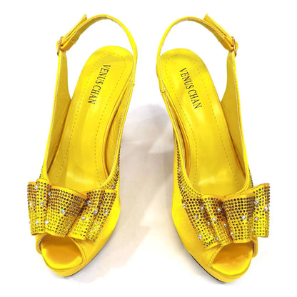 Women High Heels Sandals Printing Flower Material with Rhinestone Italian Design Coffee Color Open-Toed Shoes