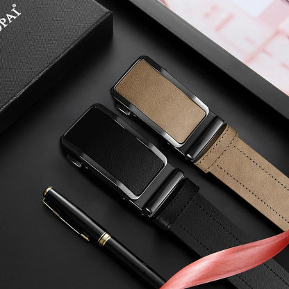 Men's Leather Belt Men's High-quality Business Belt Automatic Buckle Fashionable Ratchet Belt Can Be Adjusted Freely 2PCS