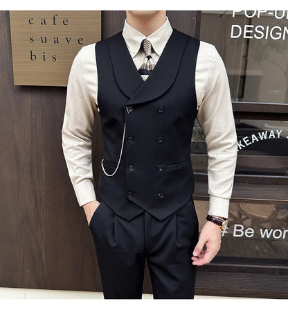 ( Vest + Pants) Men Luxury Double Breasted Design Suit Vest 2 pieces Formal Groom Wedding Dress Vest Set Fashion Club Clothing
