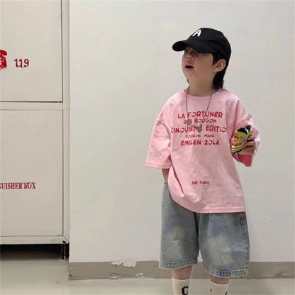 2026 New Original Design Boys' Pink Short Sleeved T-Shirt Summer Trendy Versatile Kids Half Sleeve T-Shirt